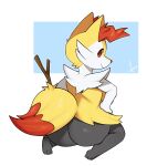  anthro back_boob big_breasts big_butt braixen breasts butt canid canine cheek_tuft ear_tuft facial_tuft female fluffy fluffy_tail fox generation_6_pokemon hi_res looking_at_viewer mammal nintendo pokemon pokemon_(species) samirachuni simple_background sitting slightly_chubby smile smiley_face stick tail thick_thighs tuft wariza 