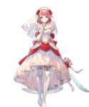  1girl boots bow bridal_veil bride detached_sleeves dress fire_emblem fire_emblem_engage fire_emblem_heroes flower gloves gold_trim hairband halterneck highres holding holding_sword holding_weapon lapis_(fire_emblem) lapis_(mighty_bride)_(fire_emblem) looking_at_viewer miwabe_sakura non-web_source official_alternate_costume official_art pink_eyes pink_hair red_bow red_flower red_rose rose solo sword tachi-e thigh_boots two-tone_hairband veil weapon wedding_dress white_background white_dress white_gloves white_hairband yellow_hairband zettai_ryouiki 