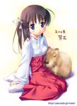  2008 blue_eyes capybara copyright_request hair_ribbon hakama japanese_clothes miko new_year red_hakama ribbon solo takoyaki_(roast) 