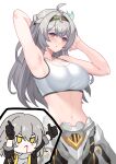  2girls absurdres ahoge armor armpits arms_behind_head bare_shoulders black_hairband blush breasts chibi chibi_inset cleavage commentary cowboy_shot crop_top english_commentary firefly_(honkai:_star_rail) grey_hair hair_between_eyes hair_ornament hairband highres honkai:_star_rail honkai_(series) large_breasts long_hair looking_ahead multiple_girls navel open_mouth presenting_armpit purple_eyes sam_(honkai:_star_rail) shuazir sidelocks simple_background stelle_(honkai:_star_rail) stomach trailblazer_(honkai:_star_rail) white_armor white_background 