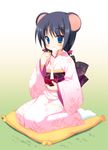  animal_ears black_hair blue_eyes chopsticks eating food full_body japanese_clothes kimono meito_(maze) mochi mouse_ears new_year original pillow seiza sitting solo wagashi zouni_soup 