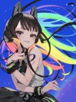  1girl animal_ear_headphones animal_ears aqua_hair bare_shoulders beyblade beyblade_x black_eyes black_hair blonde_hair cat_ear_headphones facial_mark fake_animal_ears floating_hair green_hair headphones highres long_hair looking_at_viewer multicolored_hair multicolored_nails nanairo_multi natsuhiko orange_hair purple_hair smile solo wrist_cuffs 