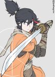  1girl black_hair blue_eyes cosplay daigo_(daistrangelove) frown highres holding holding_sword holding_weapon japanese_clothes katana kill_la_kill long_hair long_sleeves looking_at_viewer matoi_ryuuko multicolored_hair prosthesis prosthetic_arm red_hair revision scarf sekiro sekiro:_shadows_die_twice sekiro_(cosplay) solo sword two-tone_hair weapon 