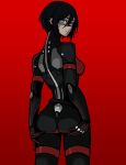  1girl android artist_request ass ass_grab black_hair blue_eyes cyberpunk elster_(signalis) highres joints looking_at_viewer mechanical_parts metal_skin red_background robot_girl robot_joints short_hair signalis solo 