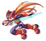  1boy android archived_source armor black_eyes blonde_hair energy_sword forehead_jewel full_body helmet highres holding holding_sword holding_weapon long_hair male_focus mega_man_(series) mega_man_zero_(series) mega_man_zero_2 nakayama_tooru official_art red_armor red_helmet simple_background solo sword weapon white_background z_saber zero(z)_(mega_man) zero_(mega_man) 