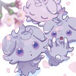 :o animal_focus blue_pupils blurry blurry_foreground branch cherry_blossoms closed_eyes espurr flower highres lying no_humans omochi_(omotimotittona3) on_back on_stomach open_mouth petals pink_flower pokemon pokemon_(creature) purple_eyes standing u_u 
