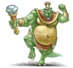anthro belly big_belly claws cookie_game0 crocodilian donkey_kong_(series) fangs gem gold_(metal) green_body green_scales hi_res jewelry king_k._rool kremling male navel nintendo overweight reptile rod scales scalie sharp_teeth solo teeth