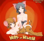  2girls animal_ears antenna_hair blush breasts brown_hair brown_legwear cat_ears cat_tail chinese_zodiac cleavage costume fur genderswap genderswap_(mtf) green_eyes grey_eyes grey_hair hand_on_hip jerry_(tom_and_jerry) large_breasts lying mouse_ears mouse_tail multiple_girls nekohige new_year on_side personification short_hair sitting smile tail thighhighs tom tom_and_jerry year_of_the_rat 