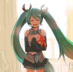  bad_id bad_pixiv_id detached_sleeves gift green_hair hatsune_miku holding holding_gift long_hair miniskirt niwa ribbon skirt smile solo twintails very_long_hair vocaloid window 