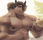  1boy abs absurdres adkt animal_ears bara black_nails braid brown_hair catoblepas_(housamo) closed_mouth furry furry_male hair_over_one_eye highres holding holding_phone horns huge_pectorals light_blush looking_at_viewer male_focus muscular muscular_male nipples phone ponytail quads solo thick_arms thick_neck tokyo_afterschool_summoners topless_male upper_body 