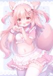  1girl animal_ears fox_ears fox_tail furrowed_brow hair_ornament hairclip hanasakichu heart highres indie_virtual_youtuber kemonomimi_mode leg_up momose_nina navel open_mouth pink_eyes pink_hair tail thighhighs two_side_up variant_set virtual_youtuber white_thighhighs 
