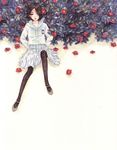  black_hair black_legwear camellia flower lying original pantyhose pleated_skirt school_uniform serafuku skirt solo white_skirt yana_kotta 