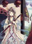  1girl architecture banner blue_eyes braid brown_hair chinese_clothes cloud collarbone day dress east_asian_architecture floral_print flower hagoromo hair_flower hair_ornament hanfu highres holding holding_sword holding_weapon jewelry lantern light_particles long_hair long_sleeves looking_to_the_side original outdoors paper_lantern parted_lips qixiong_ruqun ribbon ruqun sash scabbard shawl sheath sheathed sky solo standing swept_bangs sword takeda_hotaru tassel weapon wide_sleeves 