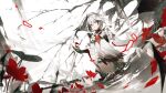  1girl arm_behind_back black_collar black_hair closed_mouth collar dress fake_claws flower fu_hua fu_hua_(crane_of_taixuan)_(honkai_impact) fu_hua_(fenghuang_of_vicissitude) hair_between_eyes hair_ornament hand_up highres honkai_(series) honkai_impact_3rd long_hair looking_ahead multicolored_hair official_alternate_costume red_eyes red_flower red_petals solo standing streaked_hair thighs wading white_dress white_hair yaosan 