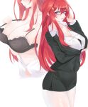  1girl adjusting_eyewear arm_under_breasts black_bra black_jacket black_skirt blue_eyes bra breasts button_gap cleavage commentary_request go-toubun_no_hanayome hair_between_eyes hair_ornament jacket large_breasts long_hair long_sleeves looking_at_viewer micosiva multiple_views nakano_itsuki partially_unbuttoned pencil_skirt red-framed_eyewear red_hair shirt skirt star_(symbol) star_hair_ornament underwear undressing white_background white_shirt 