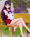  1girl angry bench birthday bishoujo_senshi_sailor_moon commentary crossed_legs dated earrings english_commentary gloves happy_birthday high_heels highres hino_rei jewelry long_hair looking_at_viewer nanaeljustice on_bench park park_bench purple_eyes purple_hair red_footwear red_skirt sailor_mars serious sitting skirt star_(symbol) star_earrings very_long_hair white_gloves 