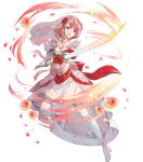  1girl attack boots bow bridal_veil bride detached_sleeves dress fire_emblem fire_emblem_engage fire_emblem_heroes flower gloves gold_trim hairband halterneck highres holding holding_sword holding_weapon lapis_(fire_emblem) lapis_(mighty_bride)_(fire_emblem) miwabe_sakura non-web_source official_alternate_costume official_art open_mouth petals pink_eyes pink_hair red_bow red_flower red_rose rose solo sword thigh_boots two-tone_hairband veil weapon wedding_dress white_background white_dress white_gloves white_hairband yellow_hairband zettai_ryouiki 
