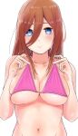 1girl absurdres bikini blue_eyes blush breasts brown_hair closed_mouth go-toubun_no_hanayome hair_between_eyes hands_up highres large_breasts long_bangs long_hair looking_at_viewer miwataku nakano_miku navel pink_bikini pulled_by_self simple_background skindentation solo stomach strap_pull swimsuit upper_body white_background 