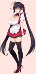  1girl ahoge alternate_costume apron azur_lane bangs black_hair black_legwear blush breasts cleavage crossed_bangs erect_nipples finger_to_mouth frilled_apron frills full_body gloves hair_between_eyes hair_ribbon heart high_heels kusano_(torisukerabasu) large_breasts long_hair looking_at_viewer looking_to_the_side maid_apron maid_dress mask mask_on_head nose_blush puffy_sleeves red_eyes red_ribbon ribbon short_sleeves solo standing taihou_(azur_lane) thighhighs tied_hair twintails very_long_hair white_apron white_gloves 