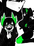  1girl :d black_hair black_sweater blush breasts colored_skin demon_girl demon_horns demon_tail demon_wings dress fang fangs fingernails glasses green_eyes green_horns green_pantyhose hair_between_eyes highres horns huge_breasts large_breasts long_hair long_sleeves looking_at_viewer merii_(mazohaha) monster_girl multiple_views musuko_ga_kawaikute_shikatanai_mazoku_no_hahaoya open_mouth pale_skin pantyhose pointy_ears ribbed_sweater semi-rimless_eyewear sharp_teeth sitting smile solo spot_color sweater sweater_dress tail teeth under-rim_eyewear wings zyugoya 