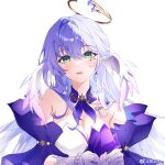  1girl aqua_eyes banban33 bare_shoulders bracelet breasts cleavage detached_sleeves earrings facial_mark gloves hair_between_eyes halo head_wings highres honkai:_star_rail honkai_(series) jewelry long_hair looking_at_viewer parted_lips purple_hair purple_wings robin_(honkai:_star_rail) short_sleeves simple_background solo white_background white_gloves white_wings wings 