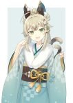  104 1girl blonde_hair blue_kimono fur-trimmed_kimono fur_trim genshin_impact green_eyes highres japanese_clothes kimono kirara_(genshin_impact) long_hair looking_at_viewer multiple_tails obi open_mouth sash slit_pupils smile solo tail two_tails upper_body wide_sleeves 