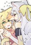  2girls absurdres animal_ears anisphia_wynn_palettia aqua_eyes bikini black_bikini blonde_hair blush breasts cat_ears cat_girl cat_tail commentary english_commentary euphyllia_magenta flying_sweatdrops grey_hair highres holding_hands interlocked_fingers kemonomimi_mode long_hair looking_at_another medium_breasts multiple_girls nervous_sweating off-shoulder_bikini off_shoulder open_mouth pink_bikini purple_eyes sweat swimsuit tail tensei_oujo_to_tensai_reijou_no_mahou_kakumei translation_request upper_body ydpfa yuri 