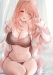  1girl ;o amane_ruri bare_shoulders black_bra black_panties blush bra breasts cleavage commentary_request hand_up highres large_breasts light_brown_hair long_hair long_sleeves navel off_shoulder one_eye_closed open_mouth original panties red_eyes sitting stomach thighs underwear 