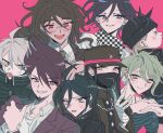  6+boys :d ahoge amami_rantaro armor bandaged_hand bandages black_hair blonde_hair brown_eyes brown_hair checkered_clothes checkered_scarf collared_shirt d: danganronpa_(series) danganronpa_v3:_killing_harmony ear_piercing earrings glasses gokuhara_gonta green_hair grey_hair grey_jacket grey_shirt horned_hat hoshi_ryoma jacket jewelry k1-b0 long_hair long_sleeves mask momota_kaito mouth_mask multiple_boys oma_kokichi open_clothes open_jacket open_mouth piercing pink_background pink_eyes power_armor roneco saihara_shuichi scarf shinguji_korekiyo shirt simple_background smile striped_clothes striped_shirt thumbs_up white_shirt 