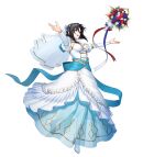  1girl black_hair blue_dress bouquet breasts bridal_veil bride cleavage dress fire_emblem fire_emblem_engage fire_emblem_heroes freestyle18 full_body hair_between_eyes hair_ornament jewelry long_sleeves looking_at_viewer nel_(fire_emblem) nel_(stoic_bride)_(fire_emblem) official_alternate_costume red_eyes short_hair strapless strapless_dress two-tone_dress veil wedding_dress white_dress 