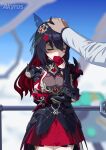  absurdres akyros angry blush flustered headpat highres honkai_(series) honkai_impact_3rd original red_hair seele_(alter_ego) seele_vollerei seele_vollerei_(starchasm_nyx) 