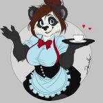  accessory anthro bear big_breasts blizzard_entertainment blue_eyes bottomwear bow_tie breasts clothing container corset cup deerwalker female giant_panda hair hair_accessory hair_bun hairband heart_symbol hi_res lingerie looking_at_viewer mammal pandaren platter pleated_skirt saucer simple_background skirt smile solo topwear waiter waiter_tray waitress_uniform warcraft 
