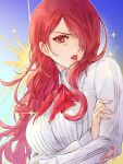  1girl arms_under_breasts blue_background bow breasts commentary_request eyelashes gradient_background hair_over_one_eye highres kirijou_mitsuru large_breasts long_hair open_mouth persona persona_3 qoo1234 red_bow red_eyes red_hair red_lips solo sparkle v-shaped_eyebrows 