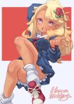  1girl :d artist_name blonde_hair blue_shirt blue_skirt breasts convenient_leg dark-skinned_female dark_skin flower gyaru hair_flower hair_ornament highres kuga_reimi looking_at_viewer loose_socks medium_breasts puddinghomhom purple_eyes red_background red_footwear school_uniform shirt shoes shuumatsu_train_doko_e_iku? skirt smile sneakers socks solo two-tone_background white_background 