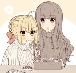  2girls ahoge bento blonde_hair blush braid breasts brown_eyes chopsticks commentary fate/extra fate/extra_ccc fate_(series) flat_color food food_in_mouth green_eyes grey_sweater hair_intakes hair_ribbon hand_up heart holding holding_chopsticks holding_food karokuchitose kishinami_hakuno_(female) long_hair long_sleeves medium_breasts multiple_girls nero_claudius_(fate) nero_claudius_(fate/extra) open_mouth red_ribbon ribbed_sweater ribbon sidelocks speech_bubble spoken_heart sweatdrop sweater white_sweater 