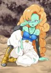  absurd_res alien alien_humanoid armwear big_hair blue_clothing blue_eyes blue_topwear bottomwear breasts cleavage clothed clothing dragon_ball dragon_ball_z ear_piercing eyelashes female footwear green_body green_skin grey_armwear grey_clothing hair hi_res humanoid humanoid_pointy_ears jewelry long_hair necklace onihime_takun open_mouth orange_hair pants piercing shoes sitting solo thick_thighs topwear torn_clothing white_bottomwear white_clothing white_pants wide_hips yellow_clothing yellow_footwear yellow_shoes zangya 