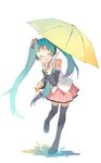  ^_^ adapted_costume aqua_hair aqua_neckwear arm_tattoo bangs bare_shoulders black_footwear blush boots closed_eyes collared_shirt detached_sleeves facing_viewer full_body hair_ornament happy hatsune_miku headphones holding holding_umbrella leaning_to_the_side long_hair melt_(vocaloid) miniskirt necktie pink_skirt pleated_skirt puddle shirt simple_background skirt solo standing standing_on_one_leg tattoo thighhighs tobi_(daidaikukan) twintails umbrella very_long_hair vocaloid white_background white_shirt zettai_ryouiki 
