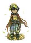  1boy android brown_hair cape child closed_mouth damaged delicious_chicken facial_mark facial_tattoo fake_horns falling_leaves flower grass green_shorts hair_between_eyes helmet highres holding holding_flower holding_plant horned_helmet horns leaf light_blush looking_at_viewer made_in_abyss male_focus mechanical_arms mechanical_hands mechanical_legs multicolored_clothes multicolored_shorts nature nipples on_grass on_ground pants pink_flower plant pointy_ears purple_shorts red_cape red_flower regu_(made_in_abyss) robot shorts simple_background slit_pupils solo standing tattoo topless_male two-tone_pants v-shaped_eyebrows white_background white_flower yellow_eyes 