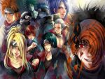  6+boys blonde_hair blue_eyes blue_hair blue_skin character_request colored_skin commentary_request deidara_(naruto) forehead_protector green_skin konan_(naruto) male_focus multiple_boys multiple_girls naruto naruto_(series) open_mouth ponytail red_eyes red_hair scorpion suks uchiha_itachi uchiha_obito 