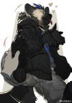 2019 absurd_res anthro arknights black_body black_fur black_hair blue_hair bottomwear claws clothed clothing collar disembodied_hand duo eyes_closed fur ghost_hands grey_body grey_fur hair hi_res hyena hypergryph jacket male mammal milkytiger1145 pants pawpads shirt spot_(arknights) spotted_hyena studio_montagne tail tail_motion tailwag tongue tongue_out topwear weibo