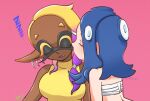  ... 2girls bare_shoulders blonde_hair blue_hair breasts chest_sarashi closed_eyes colored_eyelashes colored_tips commentary_request dark-skinned_female dark_skin earrings fang frye_(splatoon) hair_tie inkling jewelry long_hair long_pointy_ears multicolored_hair multiple_earrings multiple_girls octoling open_mouth pink_background pointy_ears purple_hair sarashi shirt shiver_(splatoon) short_eyebrows simple_background sleeveless sleeveless_shirt somakusha splatoon_(series) splatoon_3 tentacle_hair thick_eyebrows tooth_earrings two-tone_hair yellow_shirt yuri zzz 