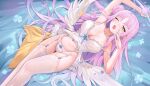  1girl :o absurdres arm_up armpits artist_request bare_shoulders blue_archive blush breasts cleavage commentary_request commission garter_straps hair_bun halo highres large_breasts long_hair looking_at_viewer low_wings lying mika_(blue_archive) navel on_back one_eye_closed open_mouth pink_hair solo thighhighs thighs very_long_hair white_garter_straps white_thighhighs wings yellow_eyes 