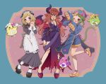  3girls apron bat_(animal) bird black_dress black_footwear blonde_hair blue_shirt blue_shorts bow braid cat_tail commentary_request cone_hair_bun demon_girl demon_horns demon_wings double_bun dress ethini_(pretty_rhythm) femini_(pretty_rhythm) frilled_apron frills full_body green_eyes green_hair hair_bun halloween_costume hand_up hands_up hat hat_ornament high_heels highres holding holding_tray horns jiangshi juliet_sleeves long_hair long_sleeves looking_at_viewer maid maid_headdress mea_(meari_mr) morizono_wakana multiple_girls ofuda one_eye_closed open_mouth outstretched_arms own_hands_together penguin pink_bow pretty_rhythm pretty_rhythm_rainbow_live pretty_series puffy_sleeves purple_dress purple_eyes purple_horns qingdai_guanmao red_hair renjouji_beru sessny_(pretty_rhythm) shirt shoes short_hair shorts smile standing standing_on_one_leg tail takanashi_otoha tray twin_braids white_apron wings zombie_pose 