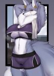 absurd_res anthro big_breasts breasts canid canine canis clothed clothing ear_piercing ear_ring female fur grey_body grey_fur hands_behind_head hi_res huge_breasts mammal ms._ash_(character) neck_tuft omega56 piercing ring_piercing scar tuft white_body white_fur wolf