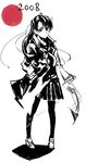  2008 copyright_request kno1 long_hair monochrome new_year pantyhose school_uniform serafuku shadow simple_background skirt solo spot_color standing 