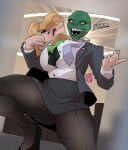 animal_humanoid big_breasts bottomwear breasts businesswear clothing disguise evil_grin evil_laugh face_mask female green_body humanoid jacket kanekuo partially_unbuttoned reptile reptile_humanoid scalie scalie_humanoid sharp_teeth skirt smile solo teeth thick_thighs topwear yellow_sclera