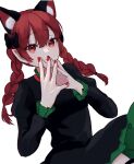  1girl animal_ear_fluff animal_ears aoringo_orin black_dress bow braid cat_ears dress extra_ears frills green_dress hair_bow hand_to_hand highres kaenbyou_rin looking_at_viewer pointy_ears red_eyes red_hair red_nails simple_background solo touhou tsurime twin_braids white_background zettai_ryouiki 