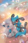  absurdres alolan_vulpix arm_around_shoulder beach black_fur blue_eyes blush bubble cloud fang highres looking_at_viewer no_humans nullma one_eye_closed open_mouth outdoors pawpads pokemon pokemon_(creature) red_eyes riolu signature sitting smile sunset two-tone_fur water white_fur 