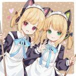  2girls absurdres animal_ear_headphones animal_ears apron black_dress blonde_hair blue_archive dress fake_animal_ears green_eyes headphones highres long_sleeves maid maid_apron maid_headdress midori_(blue_archive) midori_(maid)_(blue_archive) momoi_(blue_archive) momoi_(maid)_(blue_archive) multiple_girls open_mouth red_eyes saekiya_sabou short_hair siblings sisters smile twins white_apron 