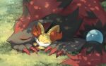  animal_ear_fluff animal_focus artist_name black_fur claws closed_eyes closed_mouth fennekin grass highres makoto_ikemu no_humans on_grass orange_fur pokemon pokemon_(creature) red_fur sleeping white_fur yellow_fur zoroark 